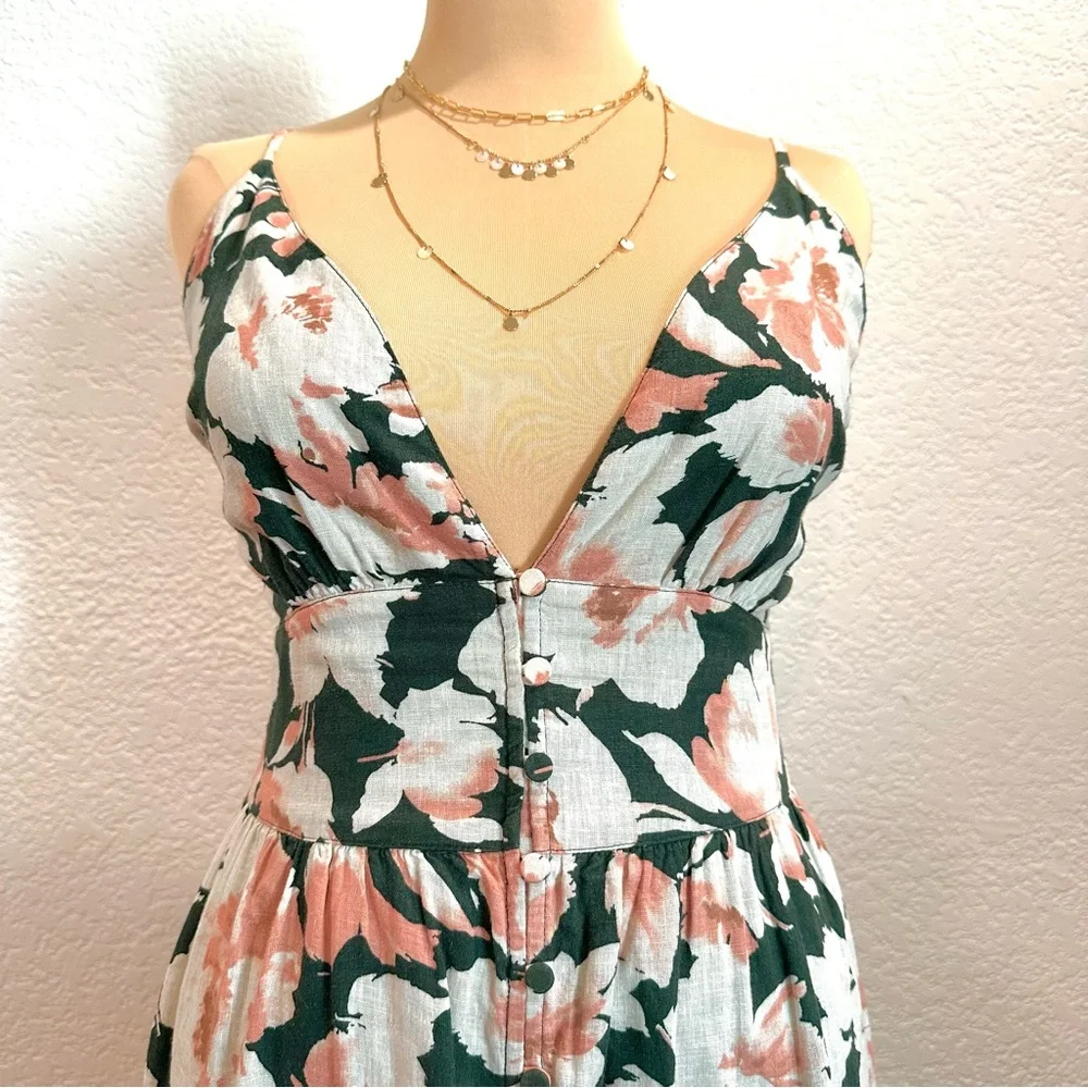Abercrombie &‎ Fitch Green Coral Floral V-Neck Plunge Linen Blend Maxi Dress